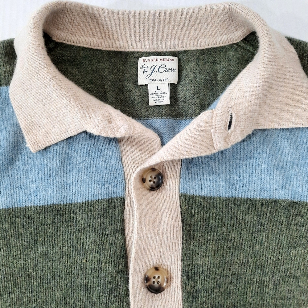 J. Crew Olive Green and Light Blue Striped Rugby Sweater with Cream Collar - Picture 5 of 5